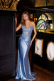 Vestido palabra de honor de satén con apliques de Juliet JT2534K