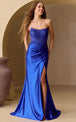 Vestido satinado sin tirantes con abertura y apliques de Amelia Couture 9056