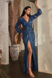 Vestido entallado de lentejuelas con manga larga y abertura de Ladivine B8422