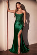 Vestido satinado sin tirantes con abertura y apliques de Ladivine CC475