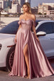 Vestido satinado en línea A sin hombros y con abertura de Ladivine CD297