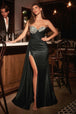 Vestido de tafetán sin tirantes con pedrería y abertura de Ladivine CD382