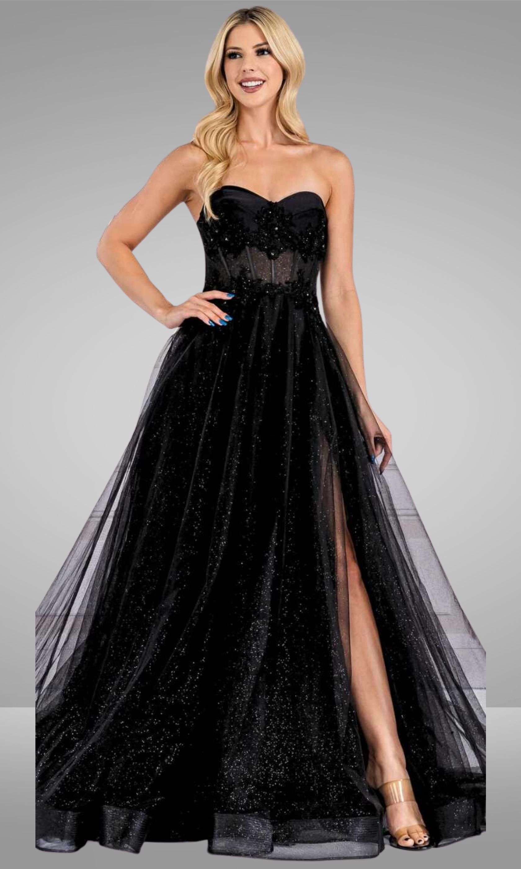 aliexpress prom dresses Exquisite Tiered Skirt Illusion Corset With Floral Applique Sparkly Long Split Elegant Blue Sequined A-Line Prom Dress