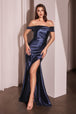 Vestido entallado de satén con abertura y hombros descubiertos, de Ladivine J877