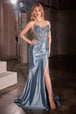 Vestido de satén con apliques, palabra de honor y abertura de Ladivine KV1112
