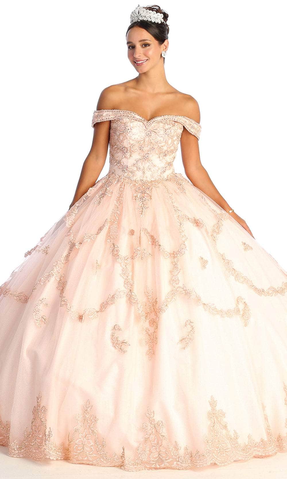 Vestido de quinceañera con hombros descubiertos y adornos en forma de A LK170