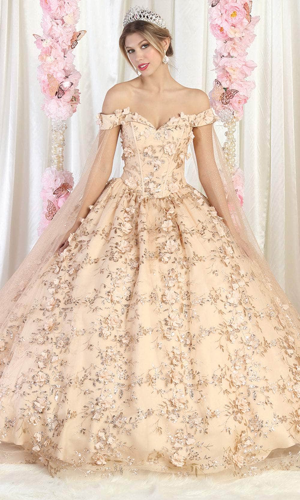 Vestido de quinceañera con hombros descubiertos y adornos florales en 3D LK184