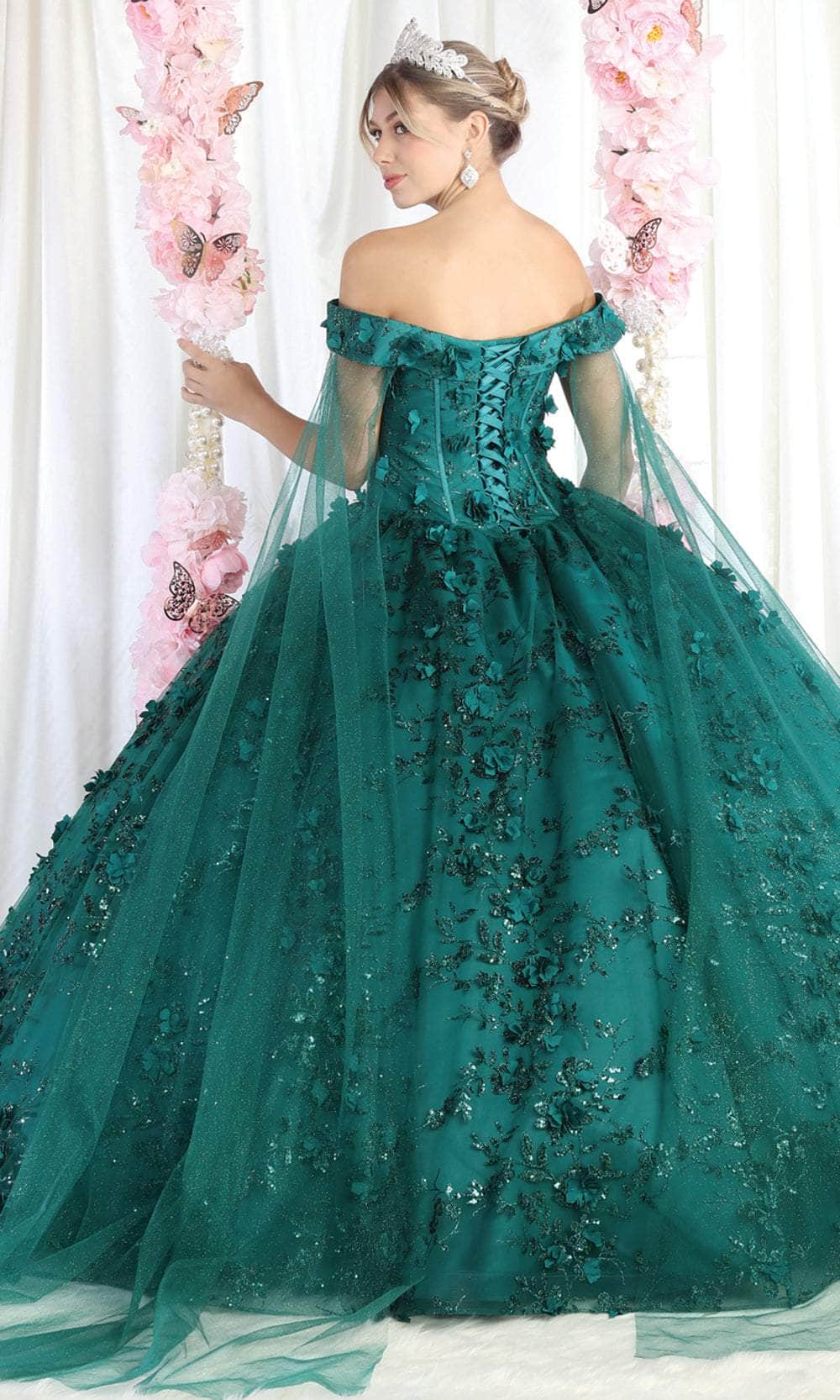 Vestido de quinceañera con hombros descubiertos y adornos florales en 3D LK184