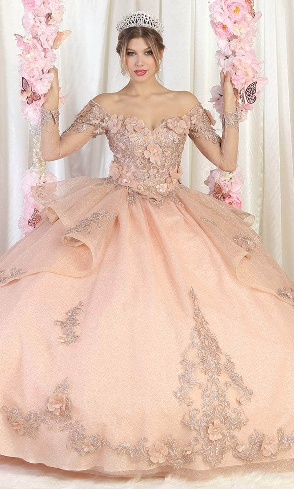 Vestido de quinceañera con mangas largas de malla LK189
