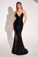 Elegante Vestido Prom Largo Negro con Lentejuelas - Ladivine T1001