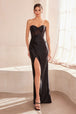 Vestido ajustado satinado sin tirantes con abertura de Ladivine T708