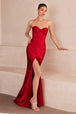 Vestido ajustado satinado sin tirantes con abertura de Ladivine T708