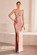 Vestido ajustado satinado sin tirantes con abertura de Ladivine T708