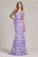 Vestido de sirena de plumas sin hombros de Nox Anabel C1106