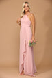 Vestido de gasa con escote halter, detalles de volantes y abertura frontal EVA 3440