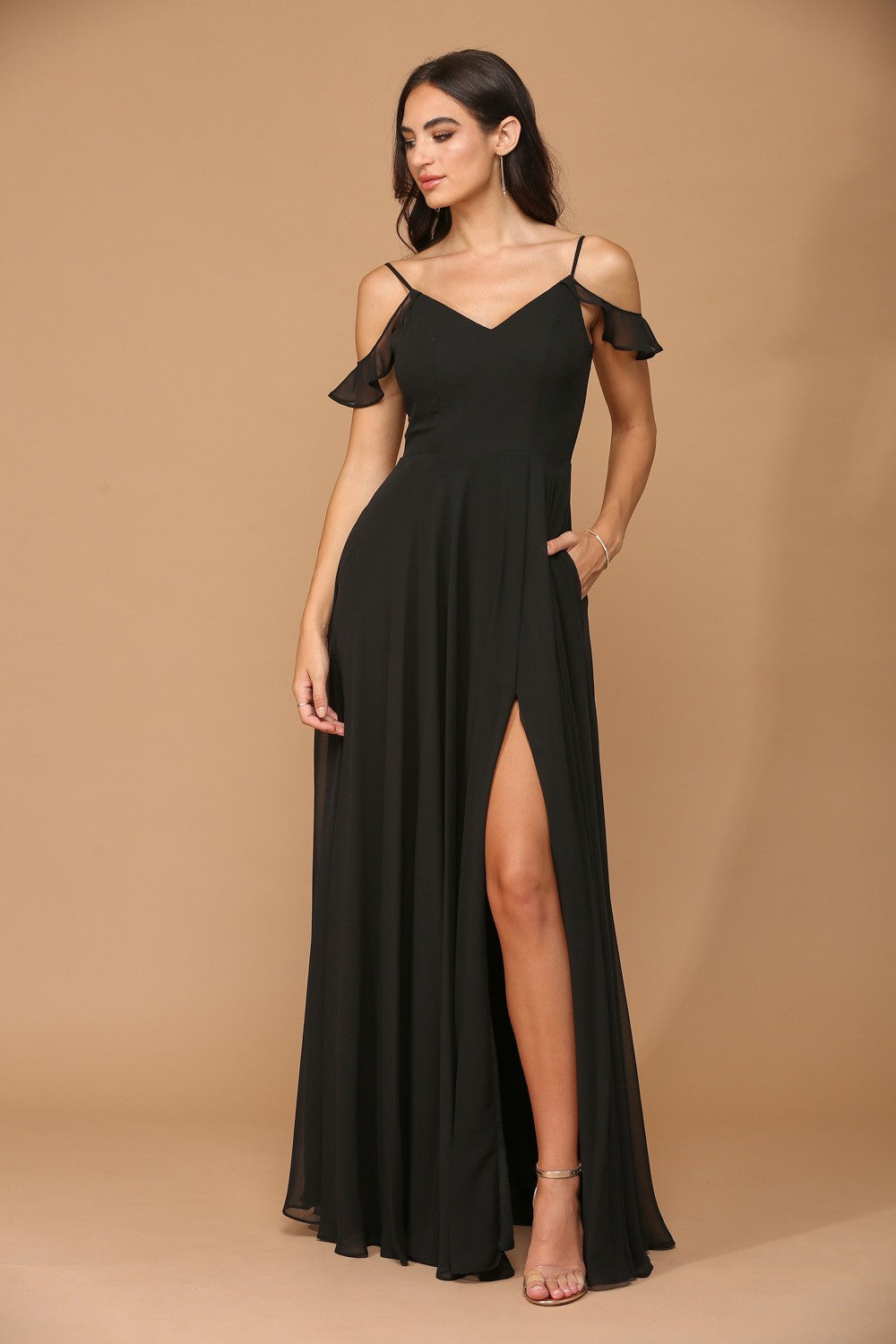 Vestido de gasa con manga volante, abertura frontal y bolsillos EVA 3447