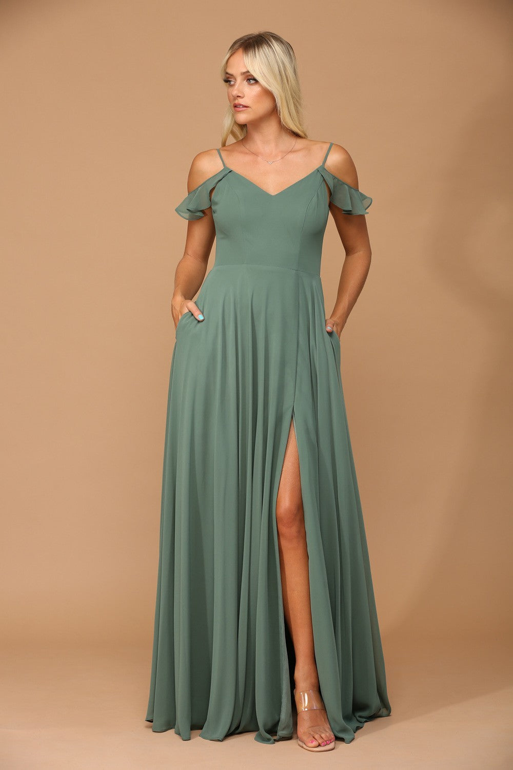 Vestido de gasa con manga volante, abertura frontal y bolsillos EVA 3447