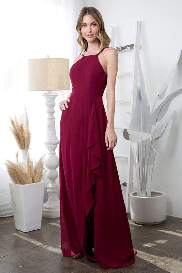 Vestido de gasa con escote halter, detalles de volantes y abertura frontal EVA 3440